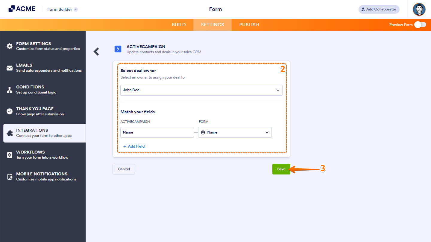 Configuring field mapping and note options for the “Create Deal” setup in ActiveCampaign integration, including matching deal fields and adding form fields to notes