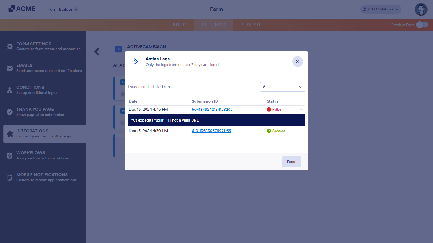 Viewing ActiveCampaign Action Logs, showing recent integration activities with a Downward Arrow icon to expand and see detailed error messages or failure reasons