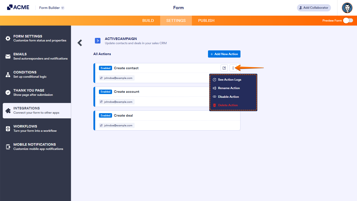 Viewing and managing existing ActiveCampaign integration actions showing options like Delete, See Action Logs, Rename, and Disable for each listed action