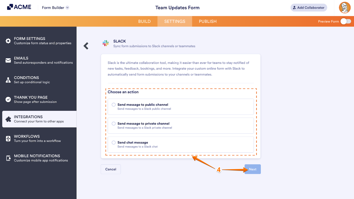 Slack integration setup showing the Choose an Action section with options and Next button highlighted