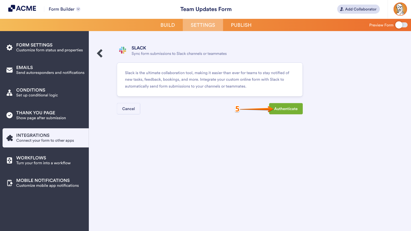 Slack integration window showing the Authenticate button to connect a Slack account