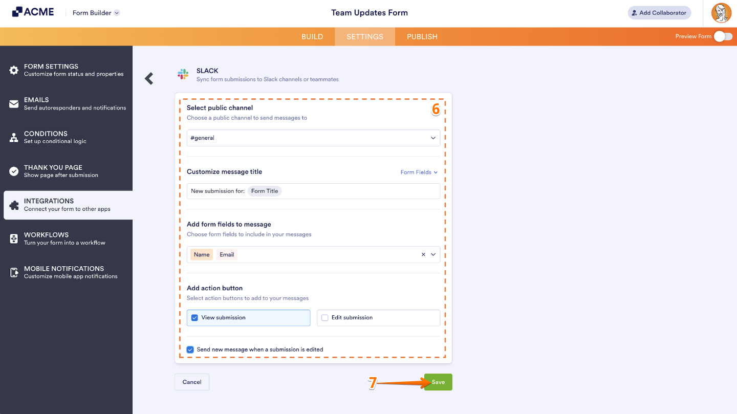 Slack integration settings showing options to customize message title, add form fields, and enable action buttons for form submissions