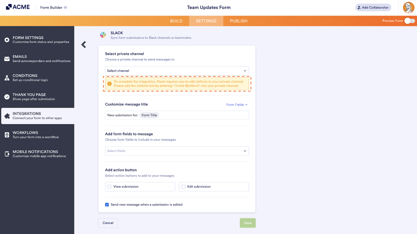 Slack integration showing how to invite the Jotform bot to a private channel using the /invite @jotform command before sending messages