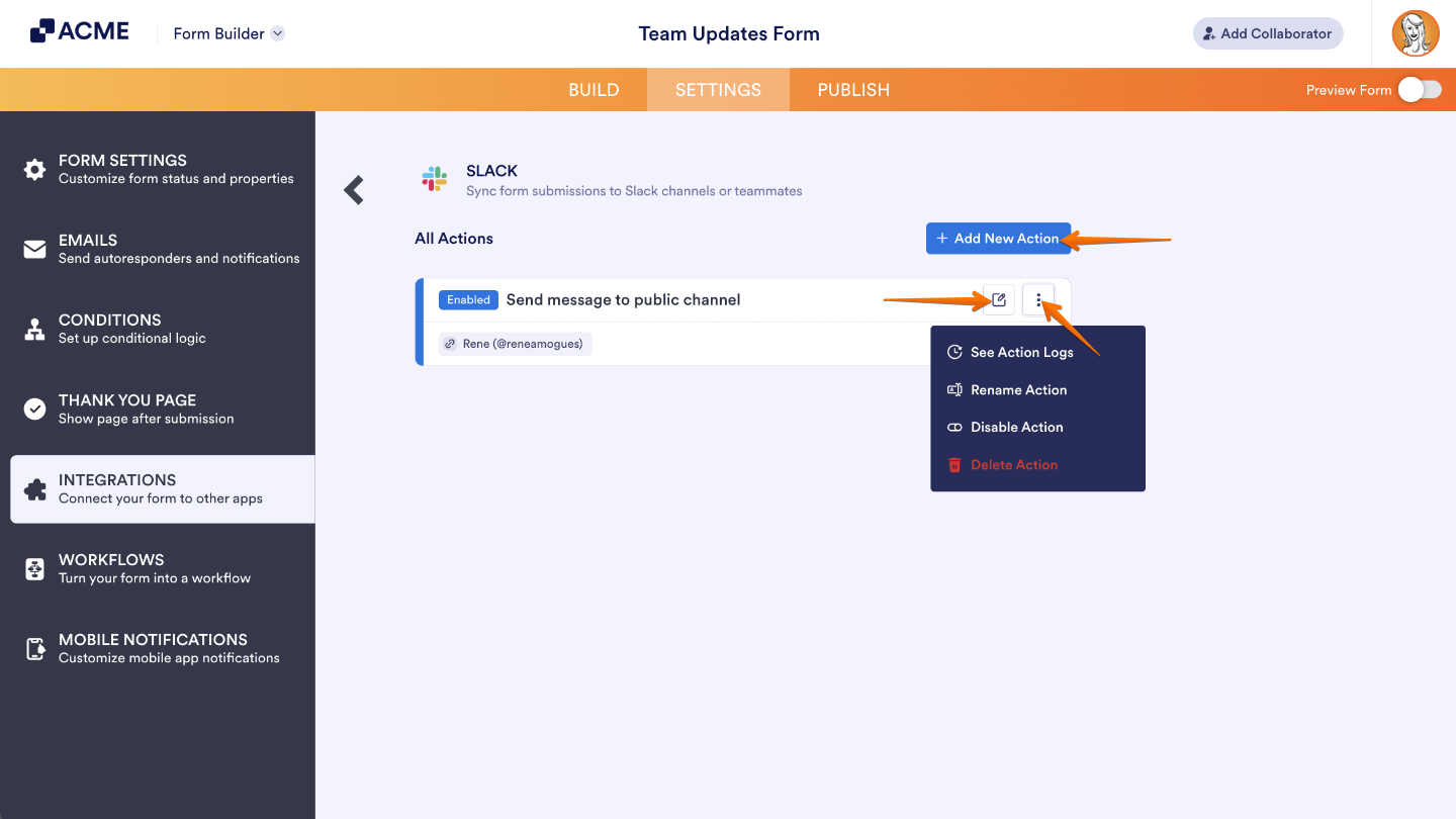 Slack integration actions page showing Add New Action button and Edit or More menu options