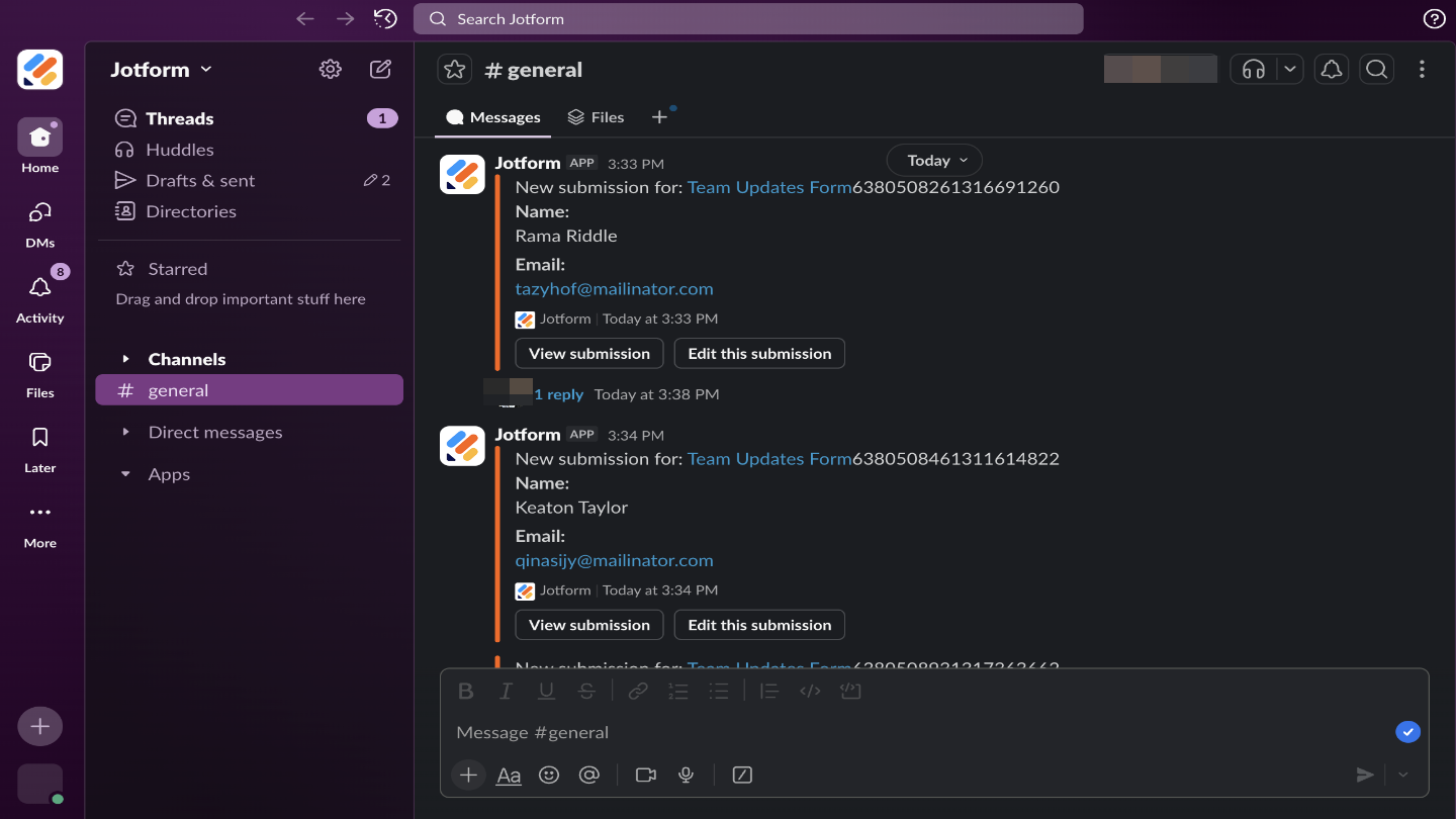 Example of a Slack message showing a form submission details automatically sent through integration