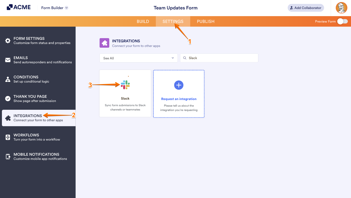 Form Builder Settings page showing the Integrations menu with Slack integration selected