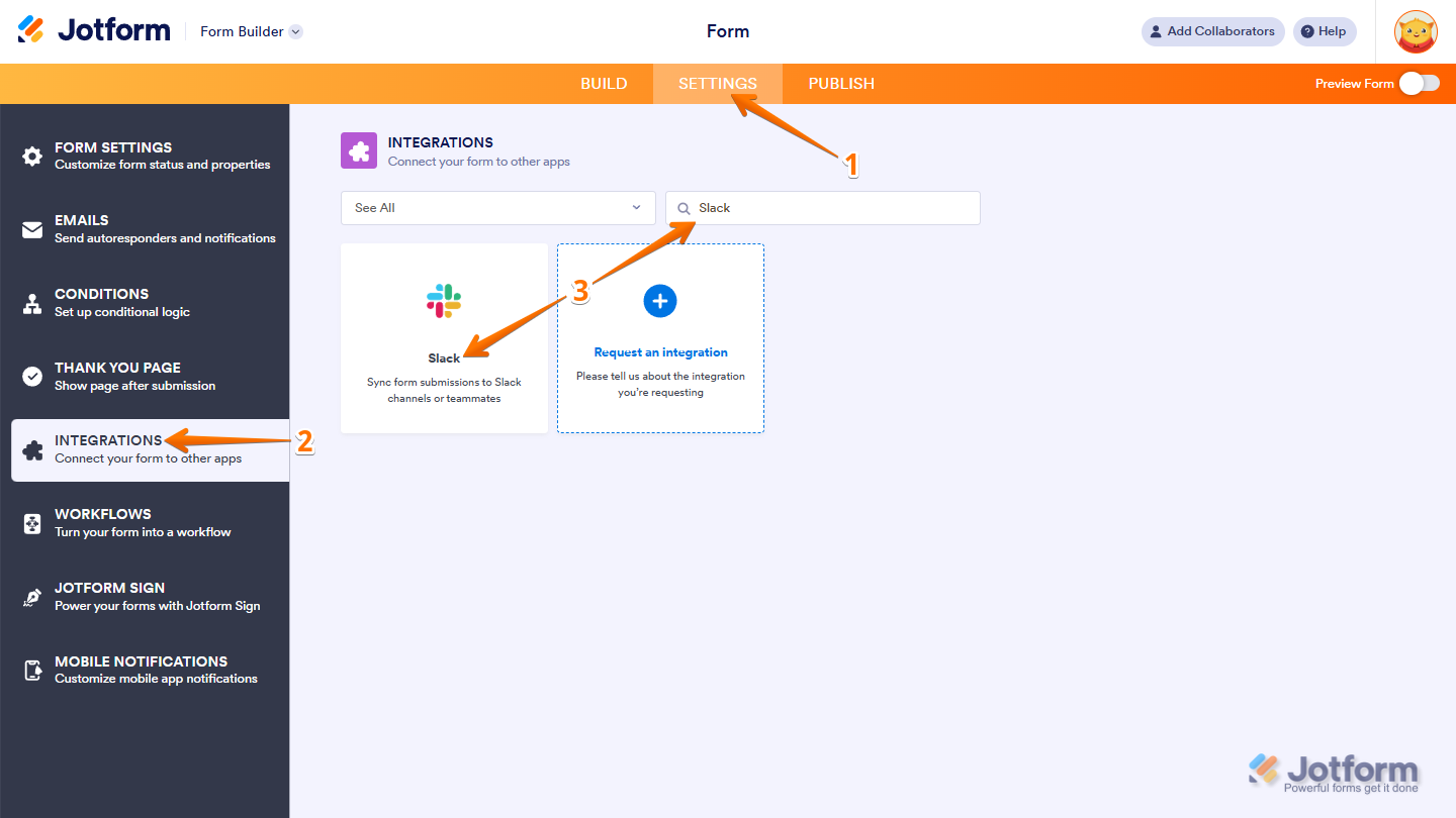 Jotform Form Builder Integrations page showing the Slack integration option, with Settings menu open on the left