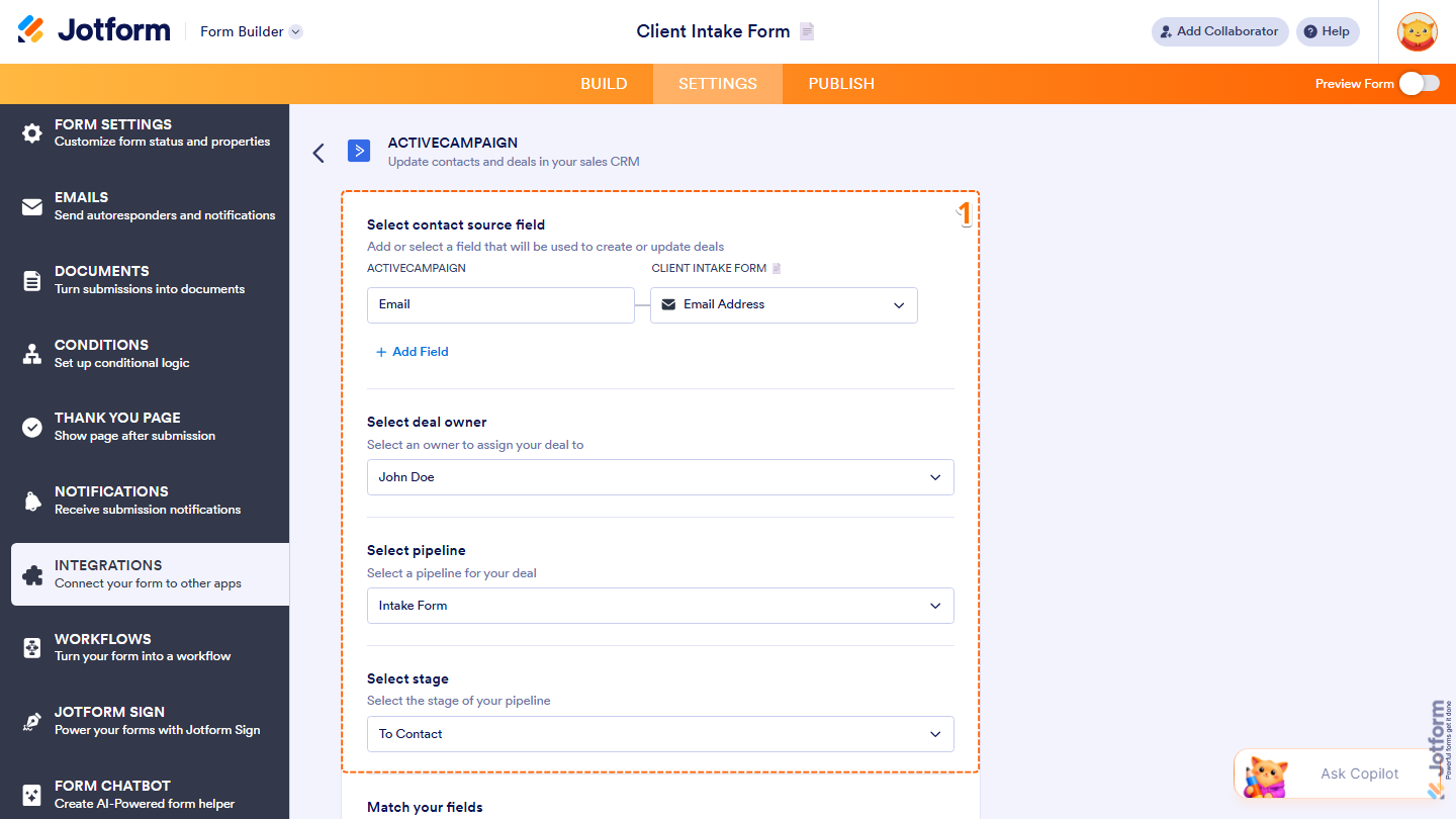 ActiveCampaign integration showing contact source deal owner pipeline and stage fields in Jotform