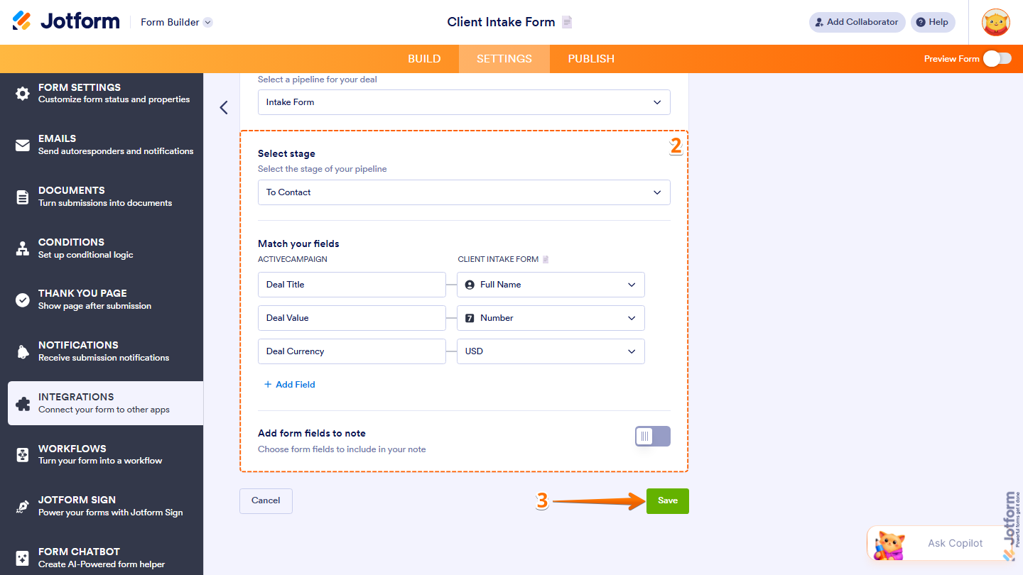 ActiveCampaign integration showing deal field mapping notes options and Save button in Jotform