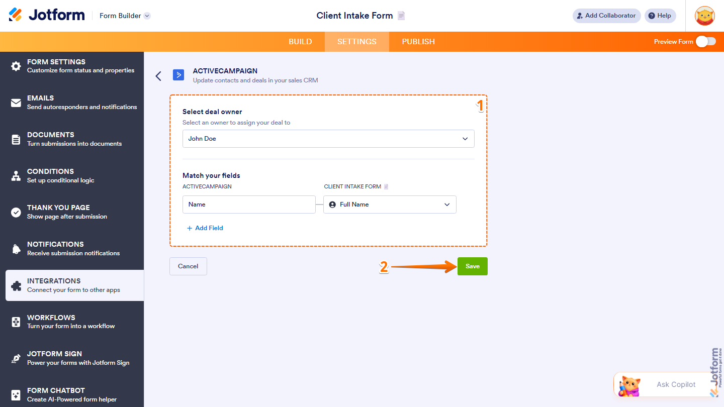 ActiveCampaign integration showing deal owner dropdown field mapping and Save button in Jotform