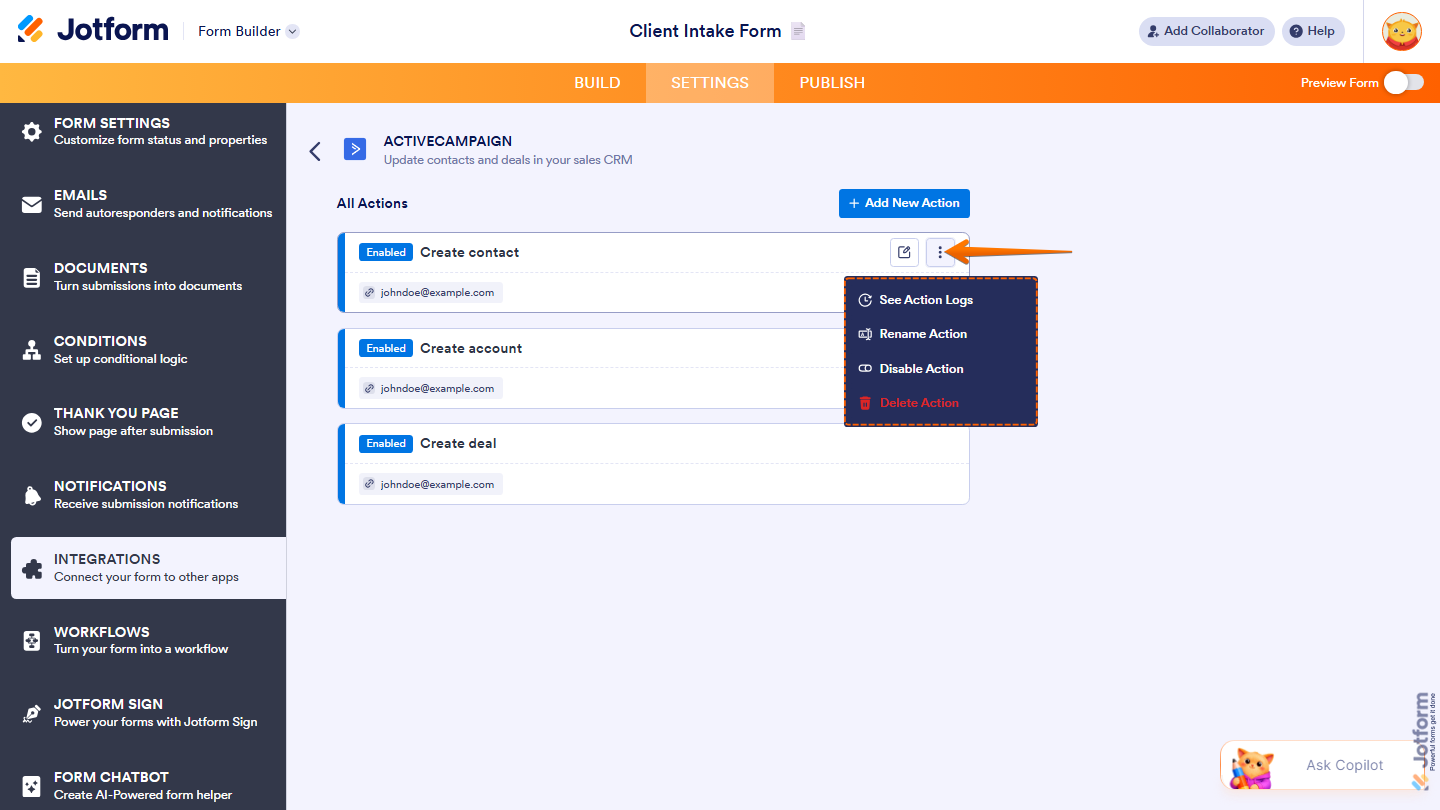 Integration actions page showing Pencil icon Three Dots menu and action options in Jotform
