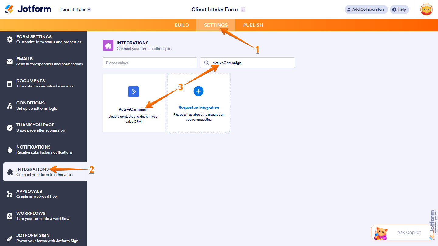 Form Builder Settings Integrations tab showing ActiveCampaign search and selection in Jotform