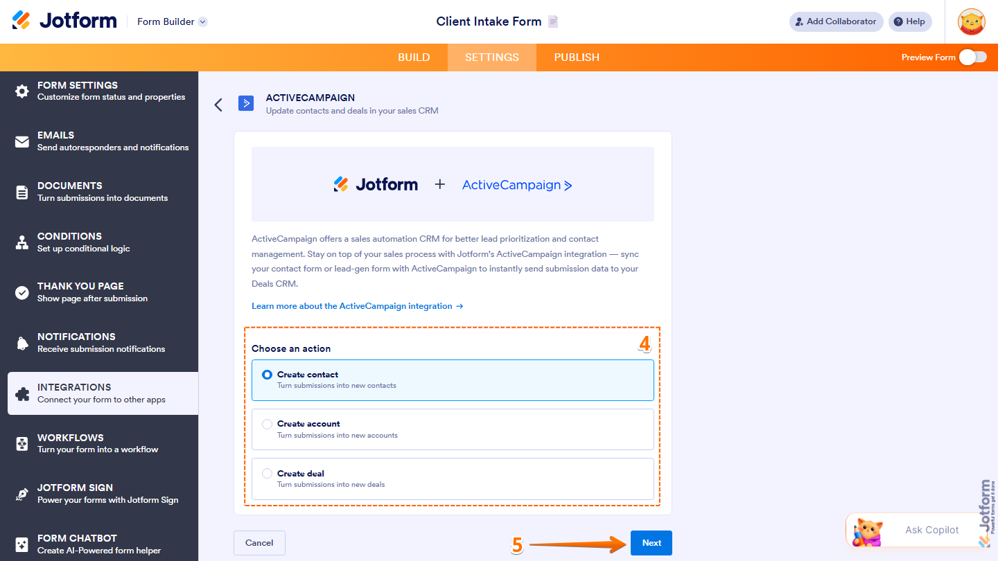 ActiveCampaign integration showing Choose an Action options and Next button in Jotform