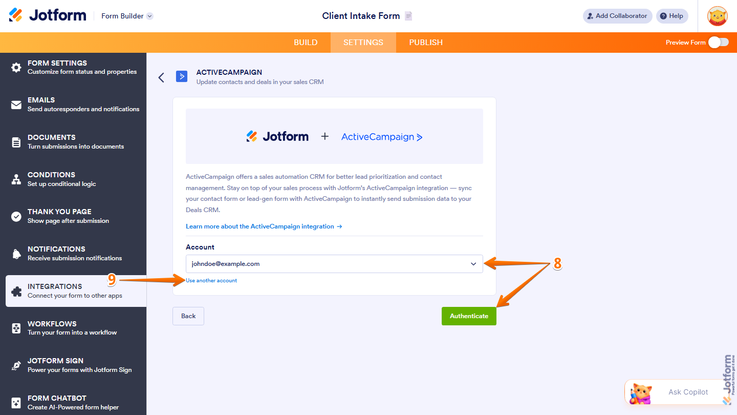 ActiveCampaign integration showing account dropdown and Use Another Account option in Jotform