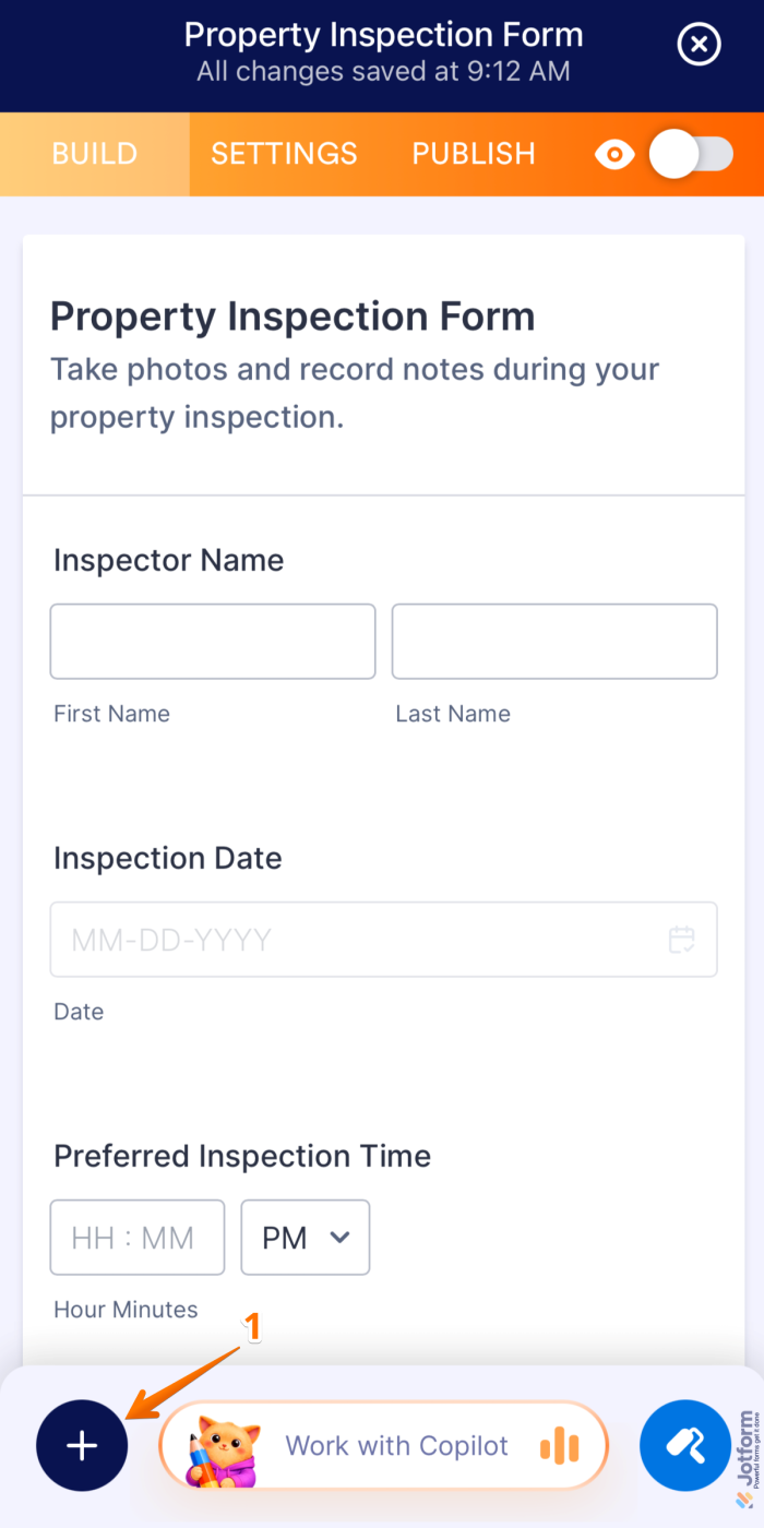Jotform Mobile App Form Builder showing Plus icon in the bottom left corner