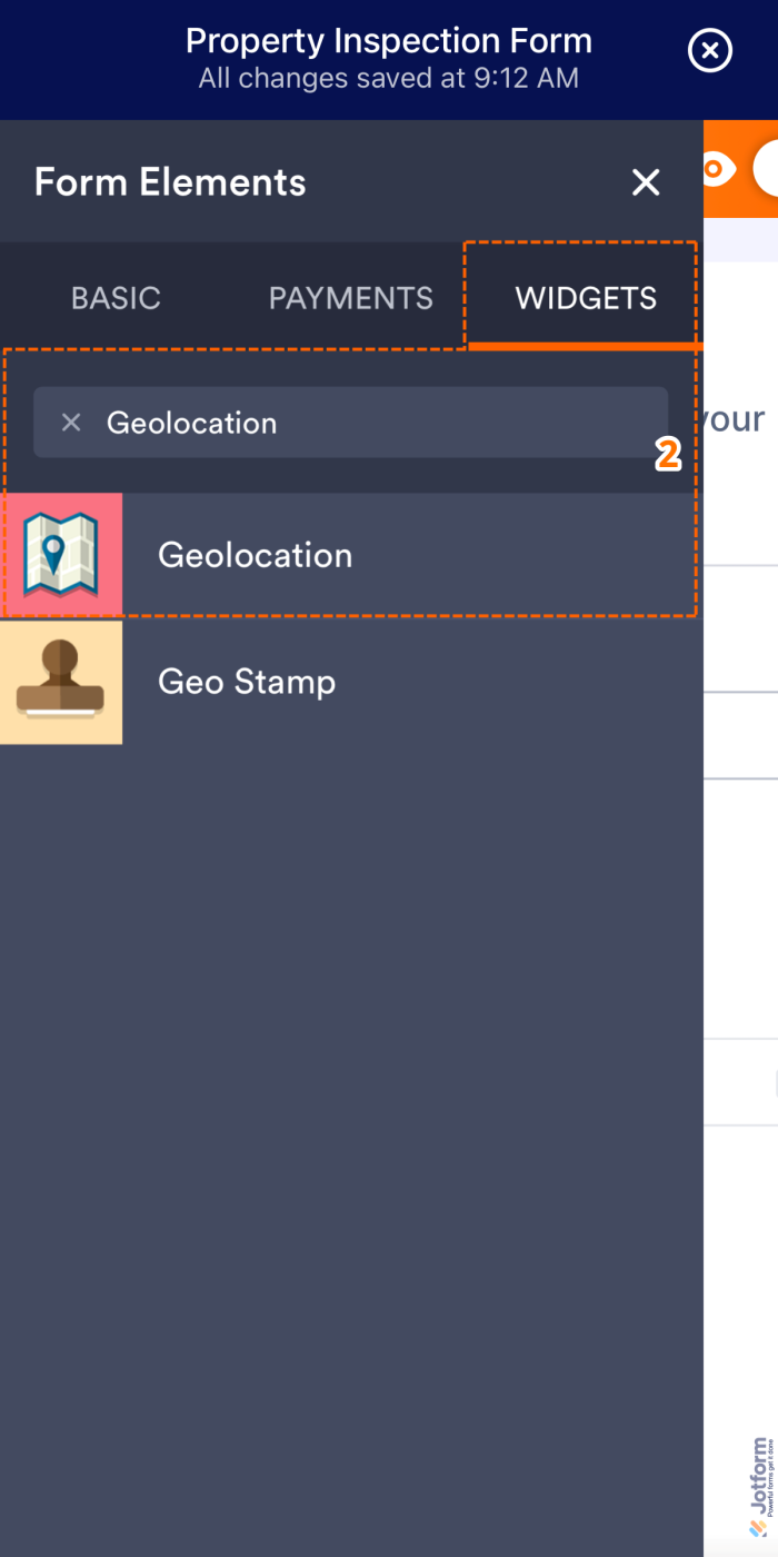Form Elements Widgets tab showing Geolocation widget search and selection in Jotform