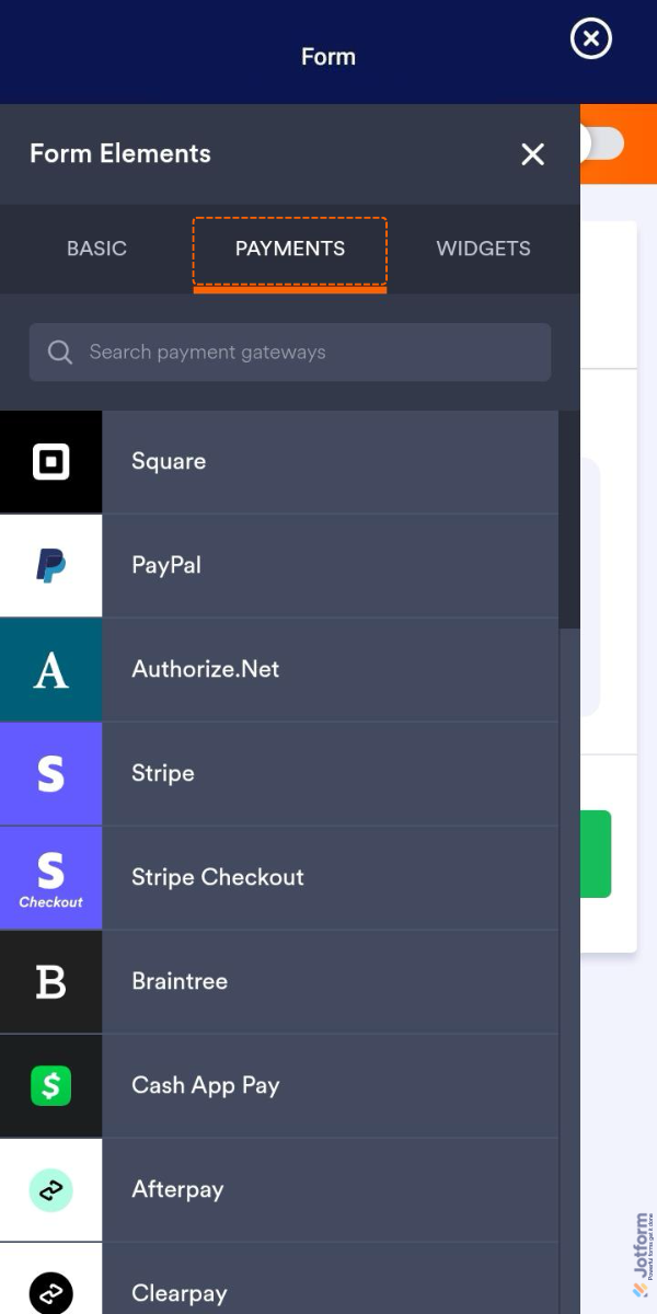 Payments tab elements in the Form Elements menu in Form Builder in Jotform Mobile Forms App
