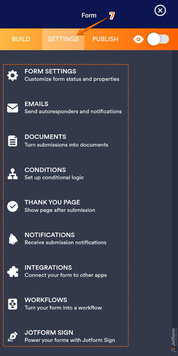 Settings tab in Form Builder in Jotform Mobile Forms App