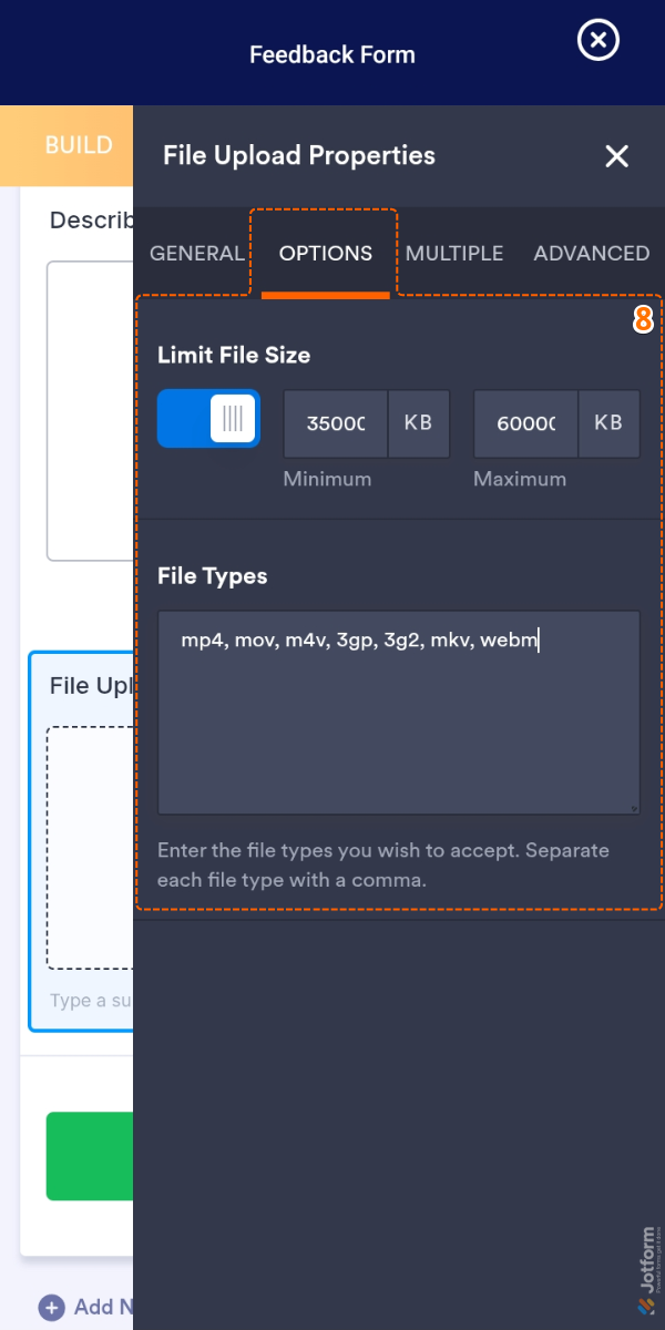 LImit File Size and File Types settings under the Options tab in the File Upload Properties in Form Builder of the Jotform Mobile App