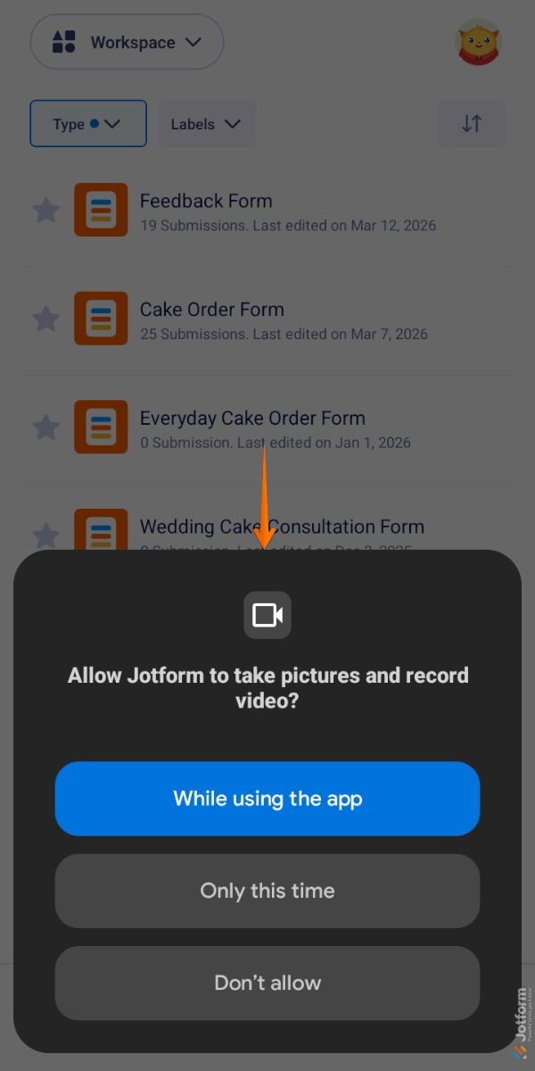 Allow Camera Access prompt in Workspace of the Jotform Mobile App