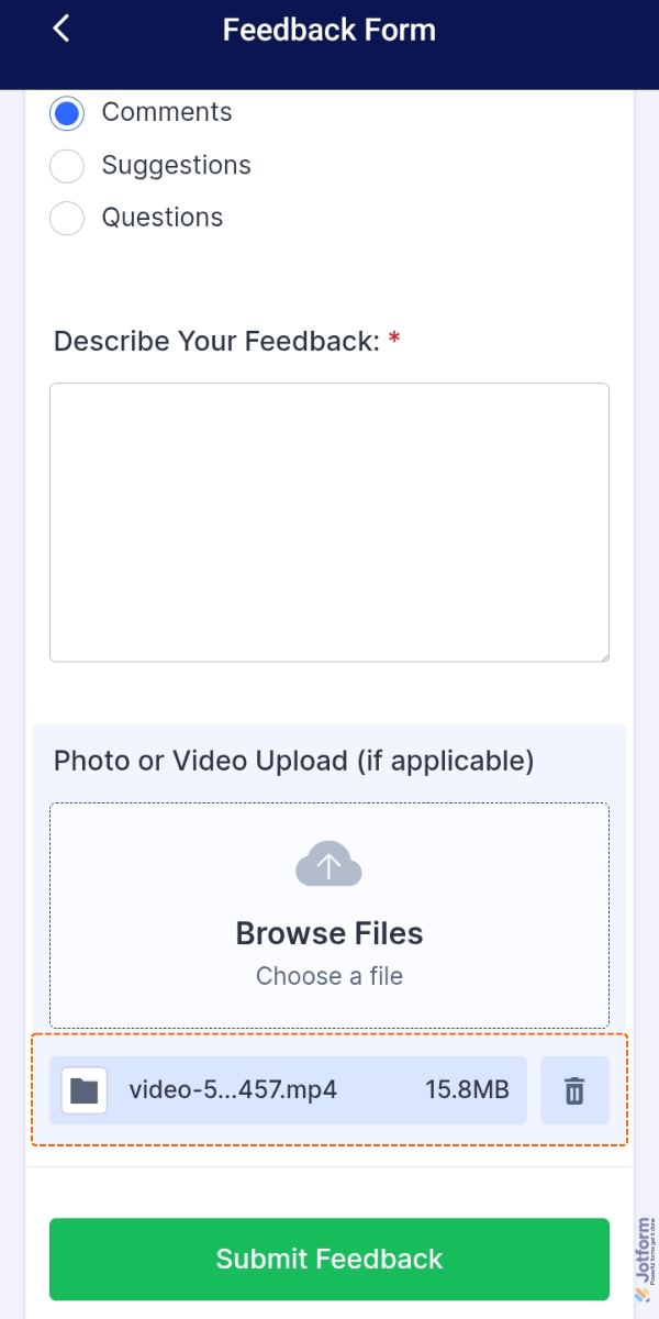 Saved uploaded video on a File Uploaded field in a demo form in Jotform Mobile App