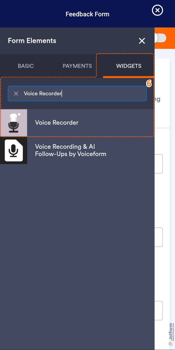 Voice Recorder widget under the Widgets tab of the Form Elements menu in Form Builder of the Jotform Mobile App