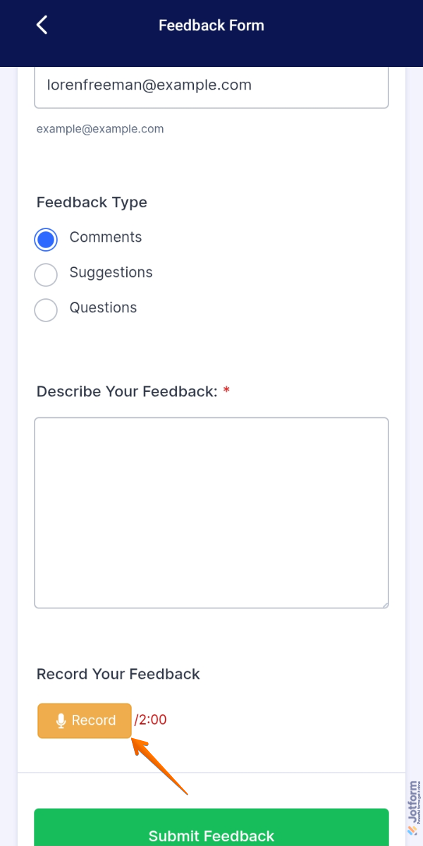 Record button of the Voice Recorder widget on the form in Jotform Mobile App
