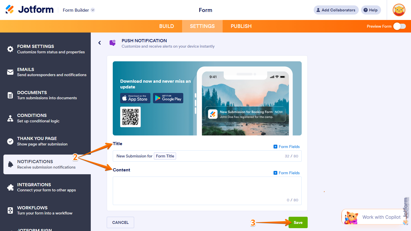 Title and Content settings of the Push Notifications in the Notifications tab of the Jotform Form Builder