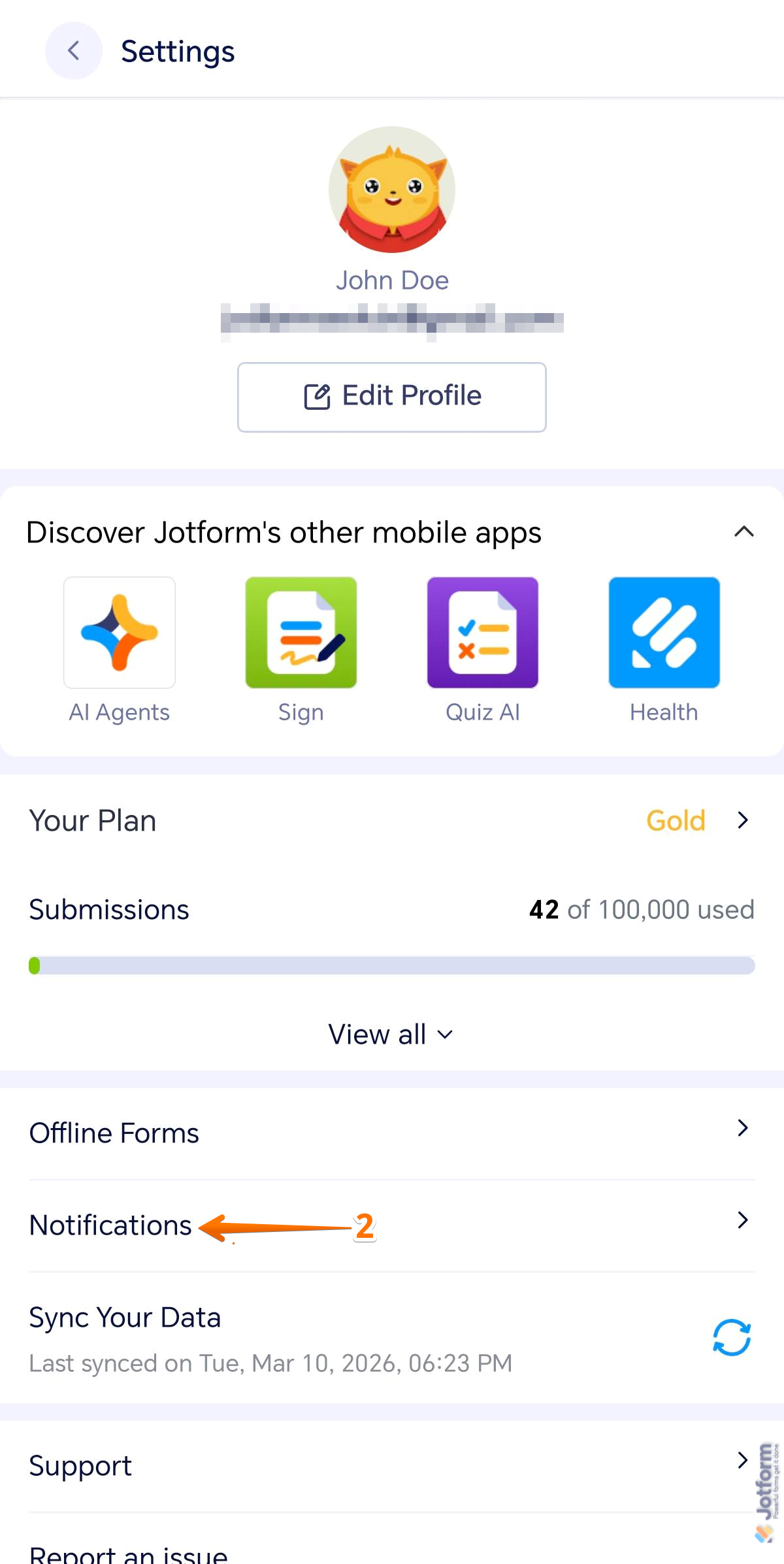Notifications menu in the Profile Settings screen of the Jotform Mobile Forms app