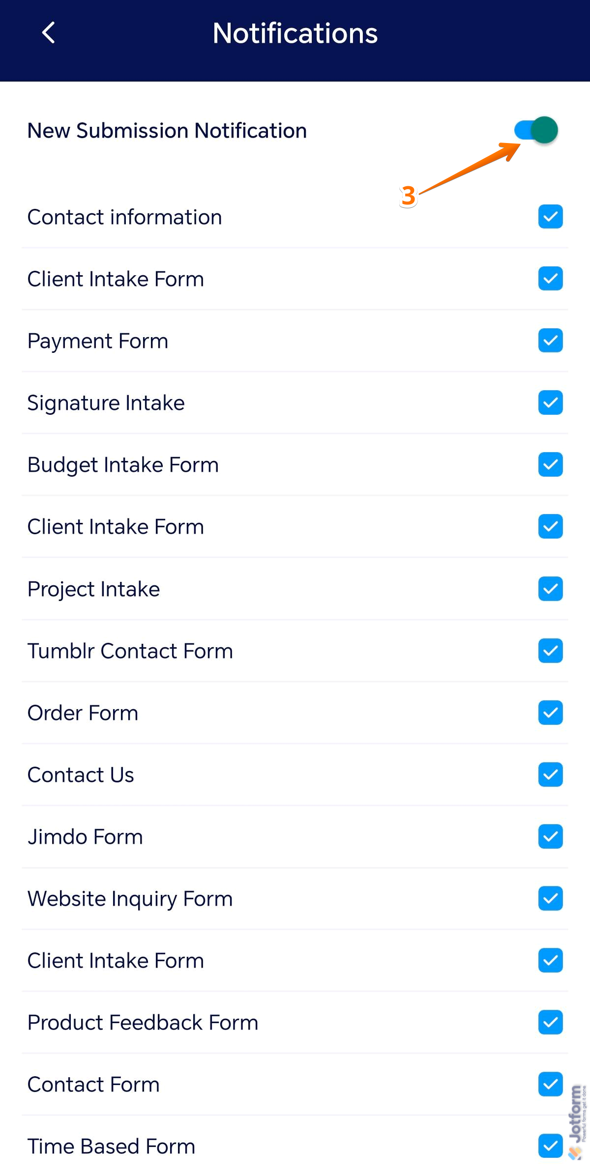 New Submission Notification toggle in the Notifications screen of the Jotform Mobile Forms app