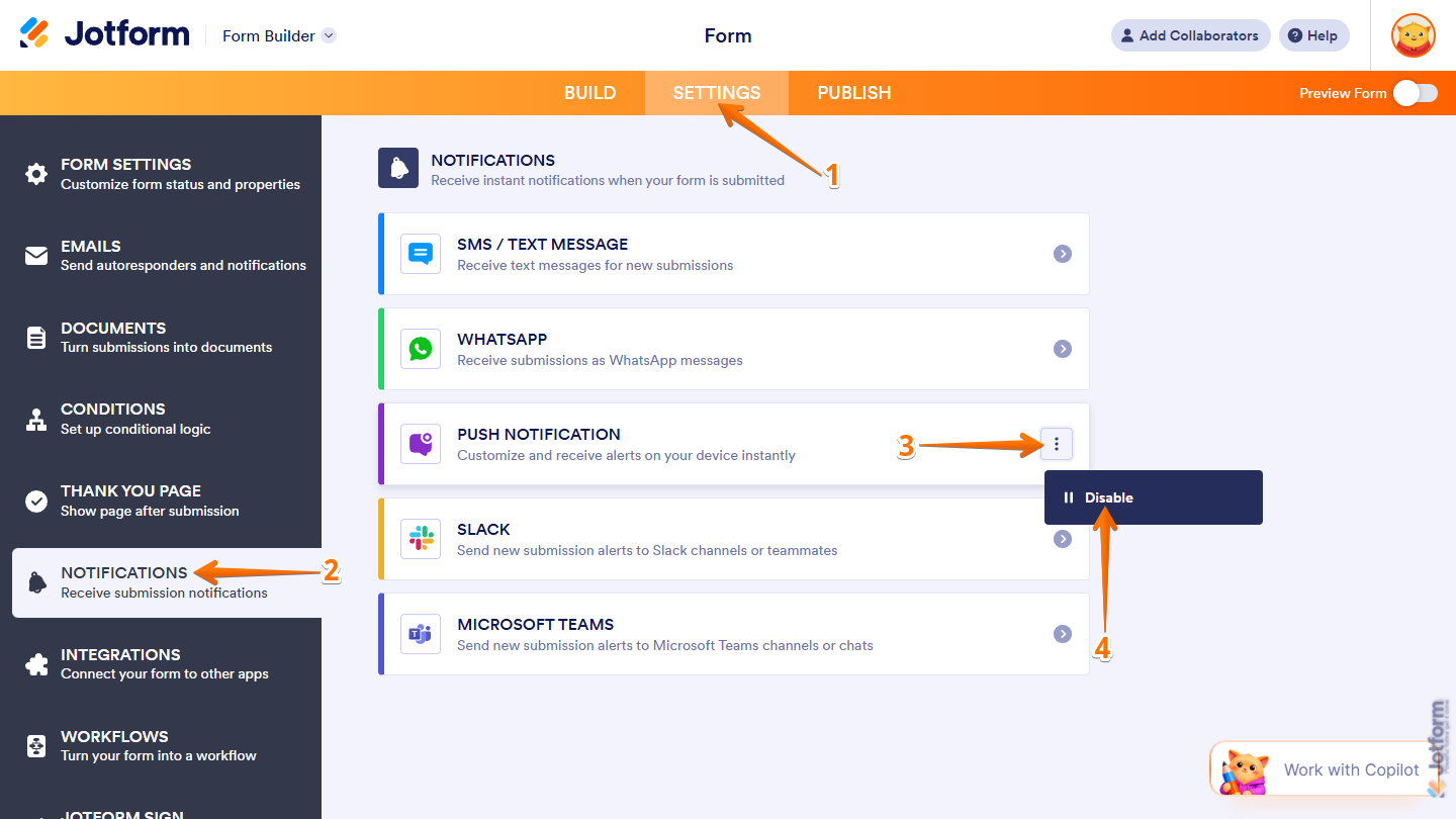 Push Notification menu in the Notifications tab of the Jotform Form Builder
