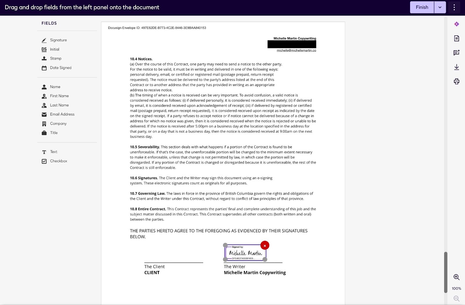 Screenshot of the Docusign interface, showing a sample document being built with a field for collecting a signature