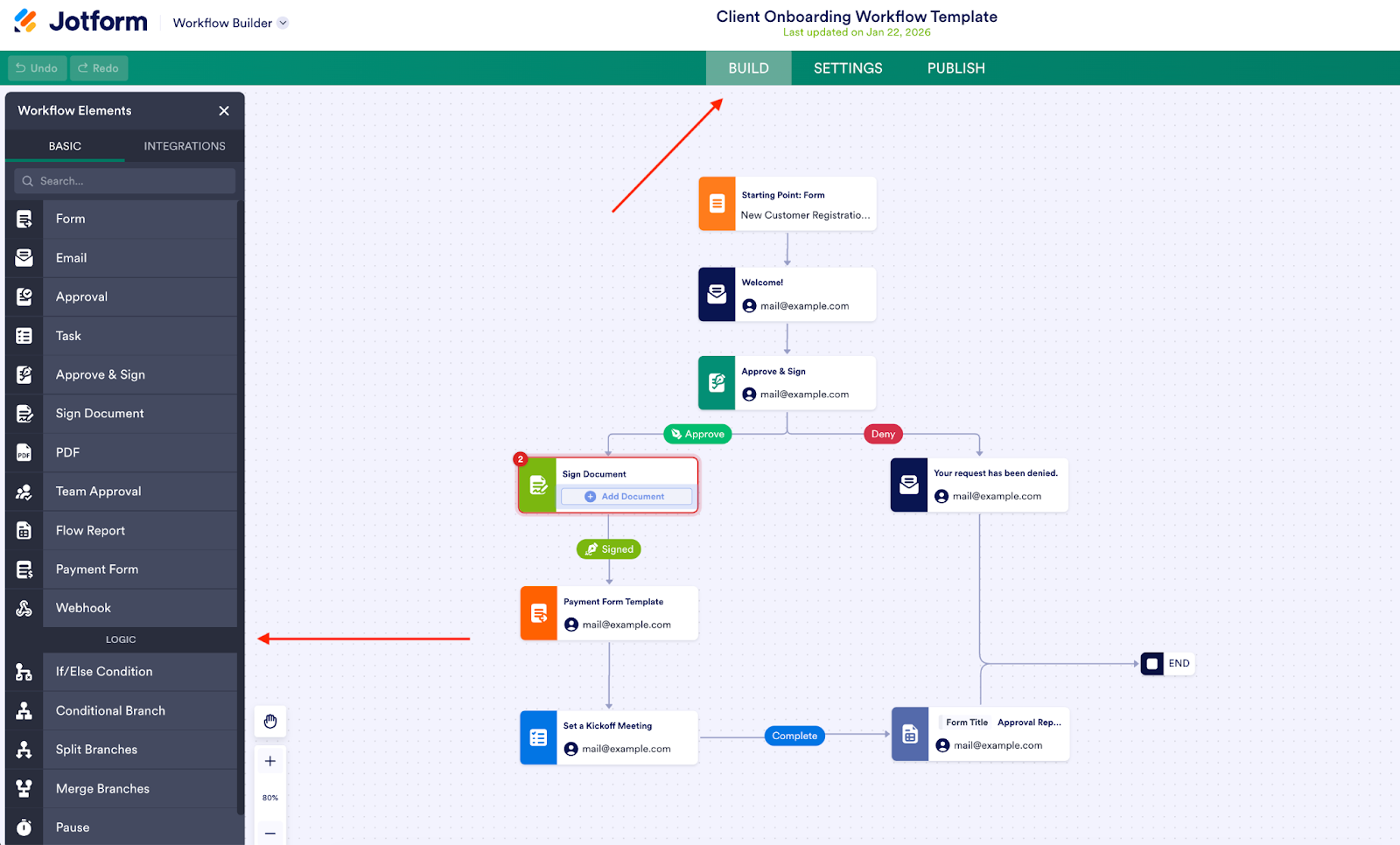 Jotform Workflow Builder Build tab and Workflow Elements