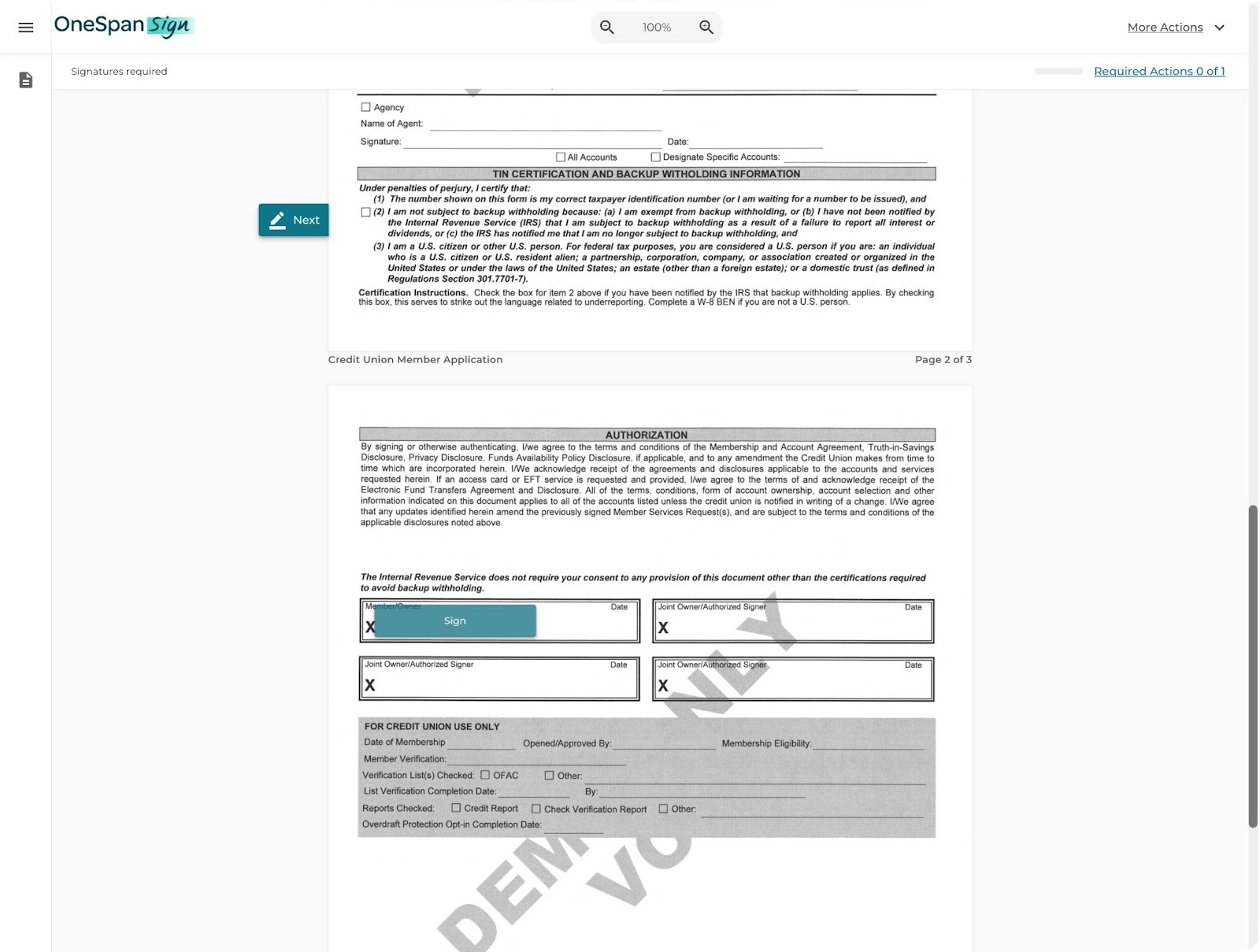 Screenshot of the OneSpan Sign interface, featuring a sample document with added e-signature fields