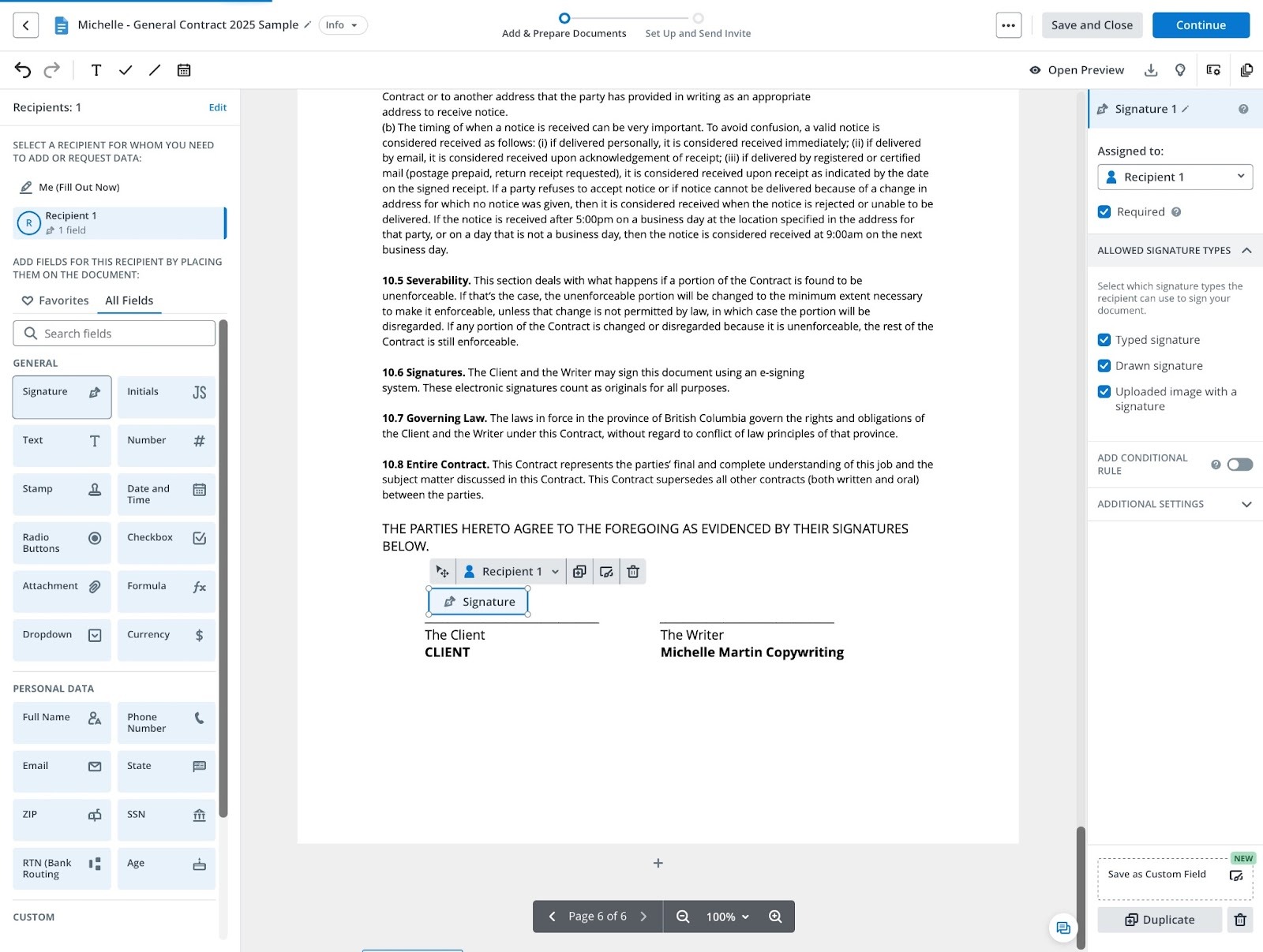 Screenshot of the SignNow interface, featuring a sample contract with added fields for collecting e-signatures