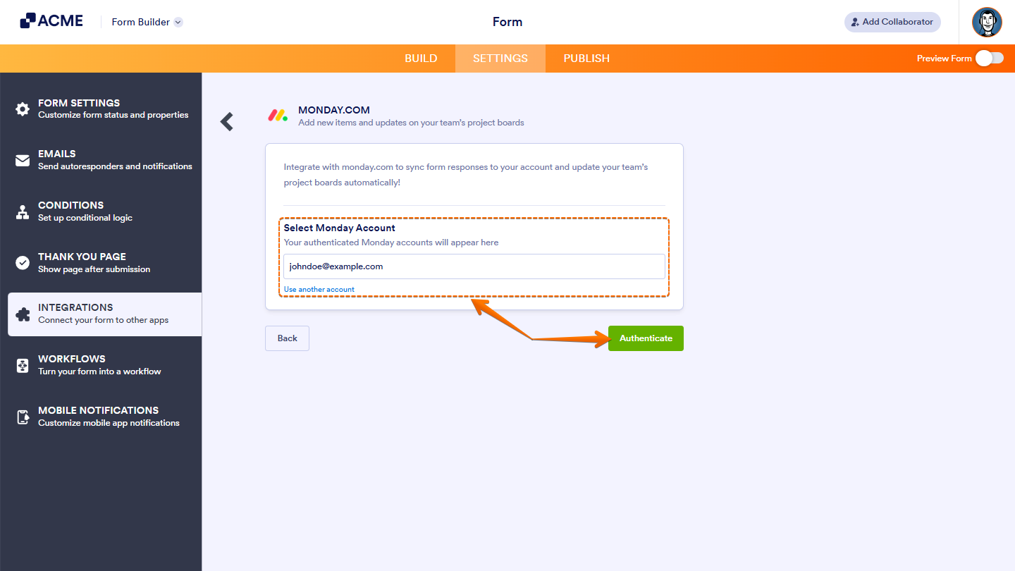 Selecting or switching a monday.com account from the dropdown menu during monday.com integration authentication.
