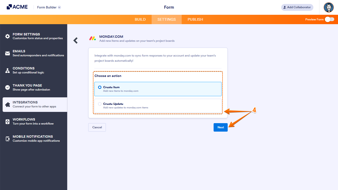 Choosing between Create Item or Create Update actions in the monday