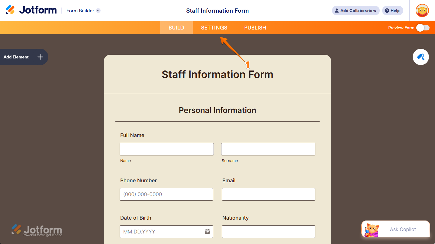 Settings button in Jotform Form Builder