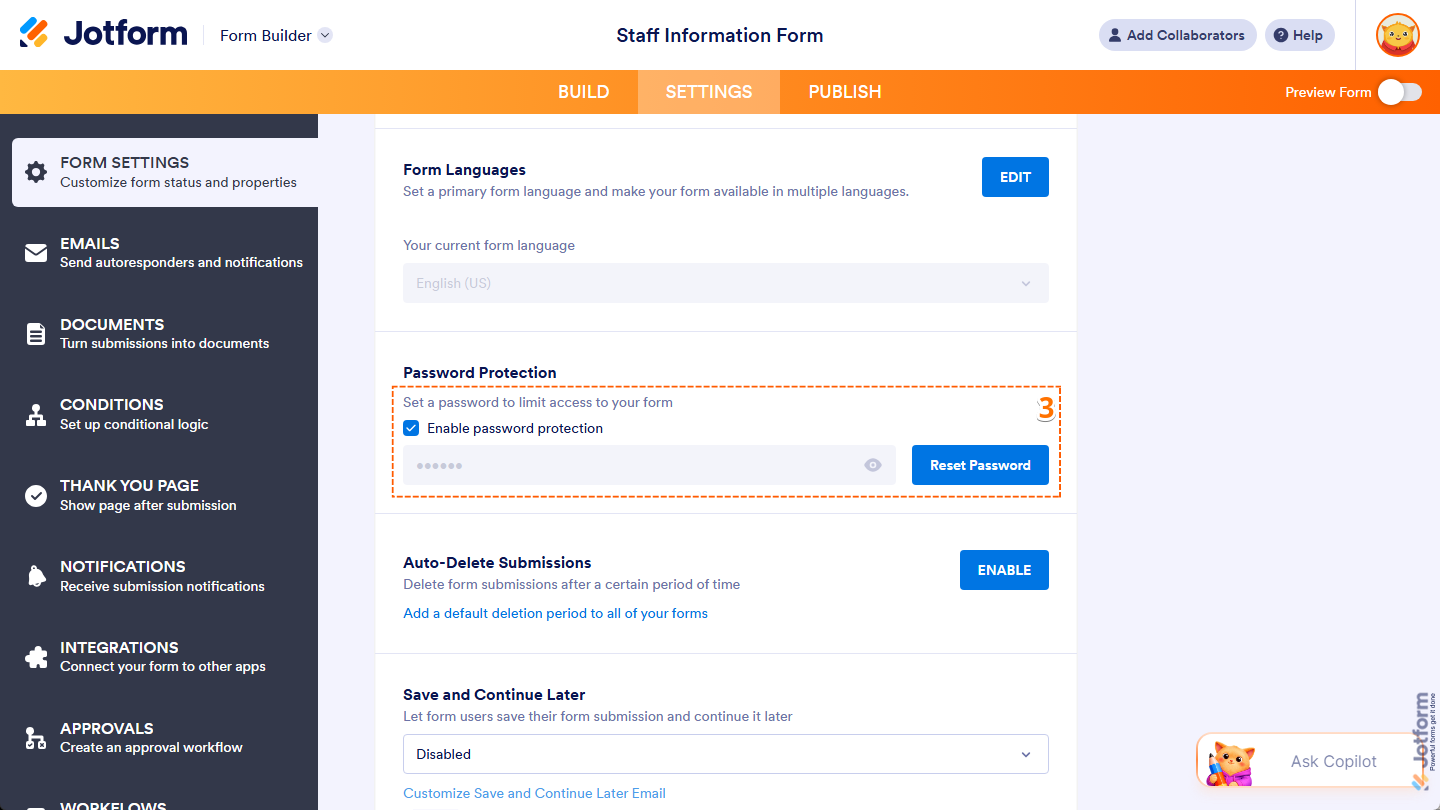 Reset Password button of the Password Protection setting in the Forms Settings menu under the Settings tab in Jotform Form Builder