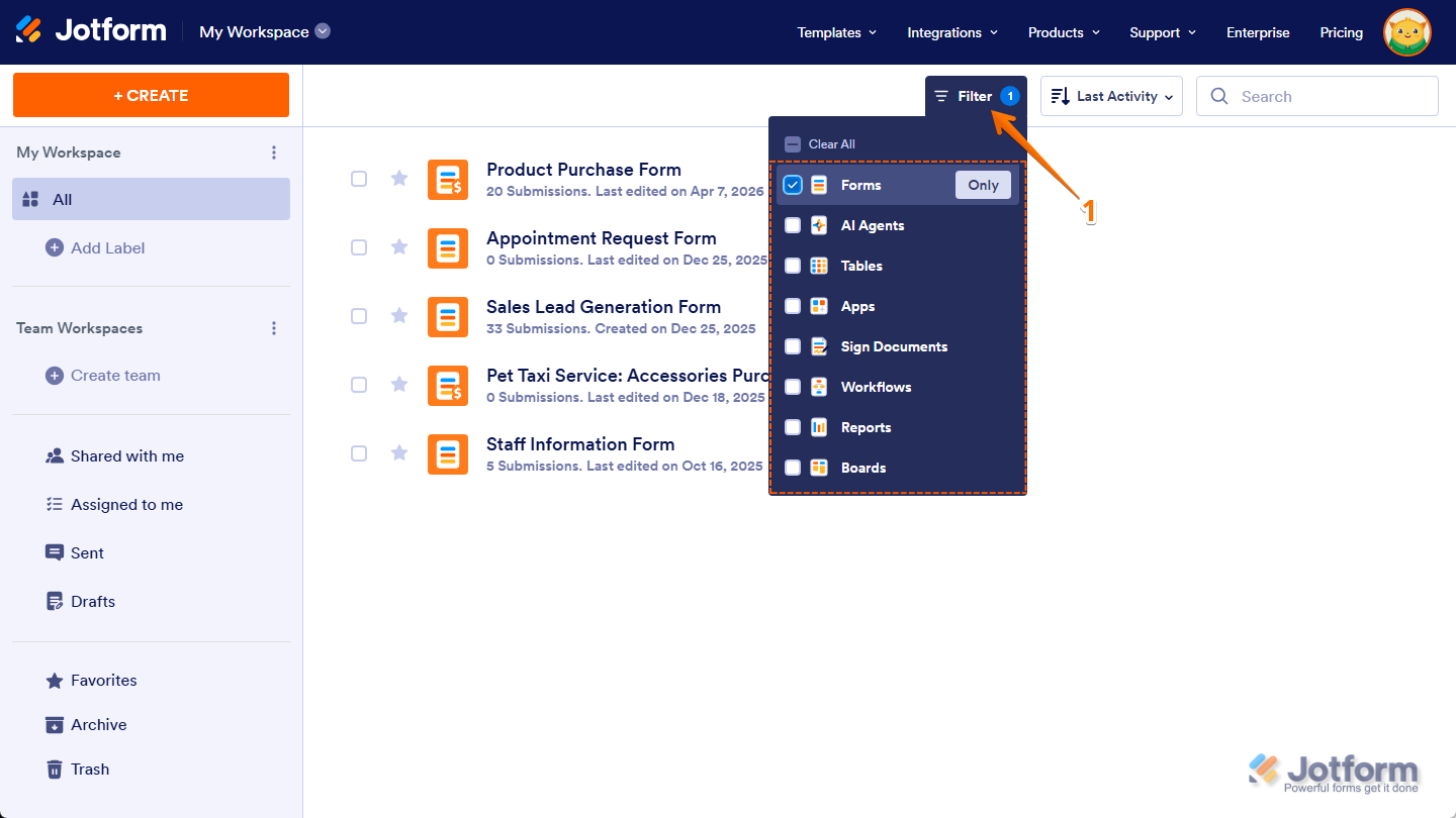 Forms option in the Filter Dropdown menu on the Jotform Workspace page