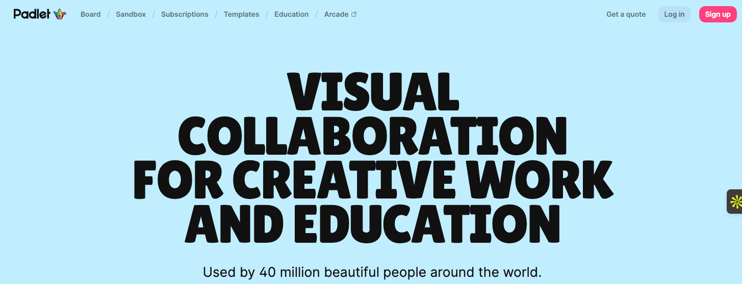 Screenshot of Padlet's landing page, showing a headline "Visual Collaboration for creative work and education"