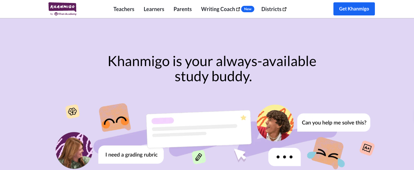 Screenshot of Khanmigo's landing page, showing a headline "Khanmigo is your always-available study buddy"