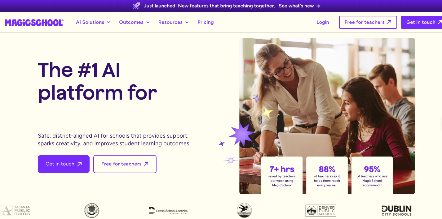 Screenshot of MagicSchool's landing page, showing a headline "The #1 AI platform for"