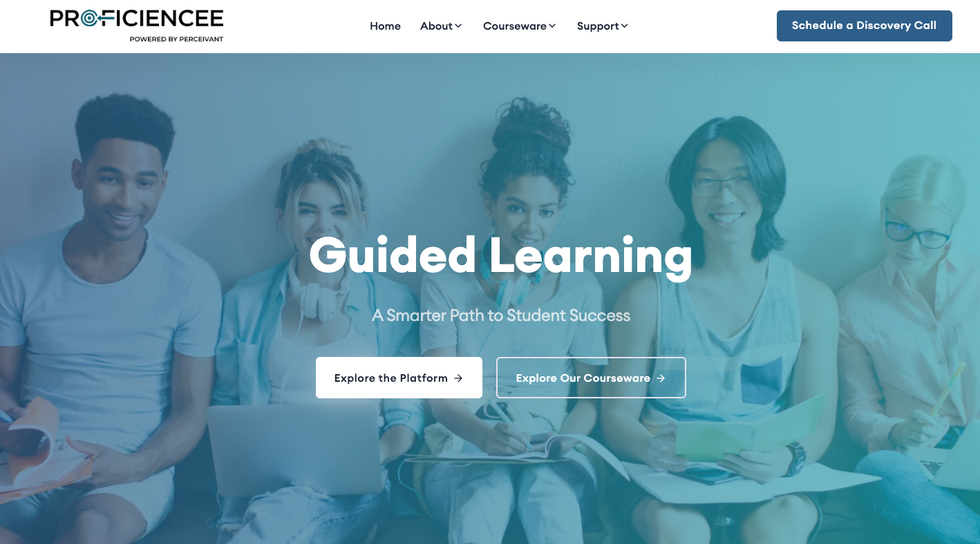 Screenshot of Proficiencee's landing page, showing a headline "Guided Learning"
