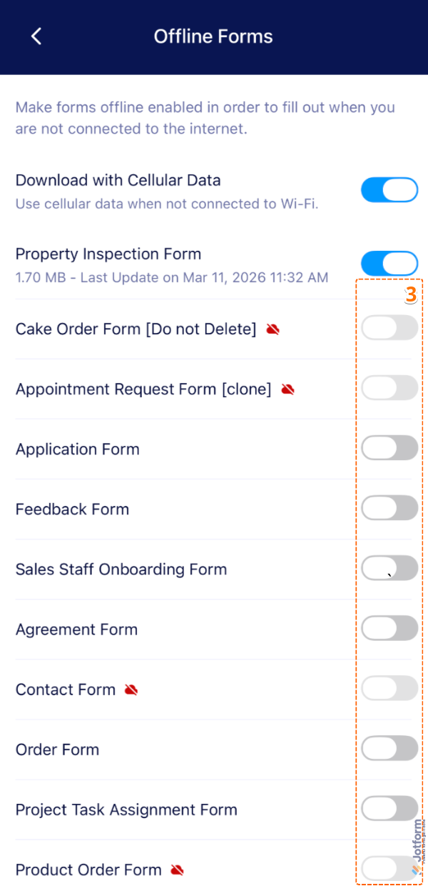 Mobile App Offline Forms screen showing a user toggling on a form to enable offline access