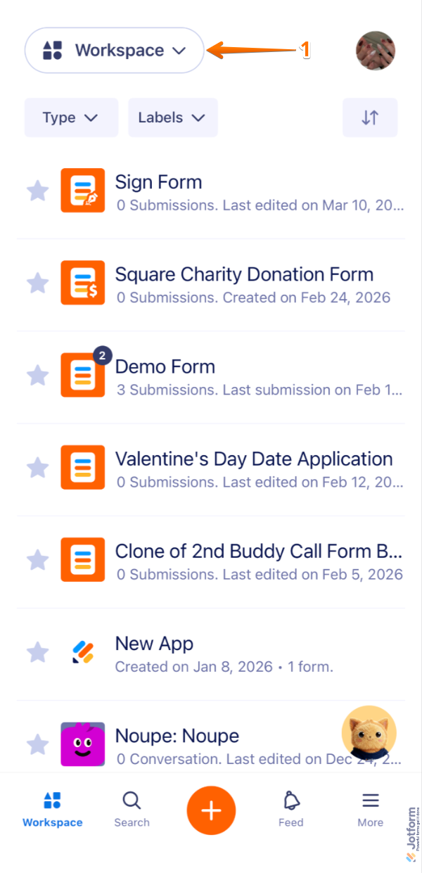 Mobile App interface showing the Workspace button in the upper-left corner of the screen