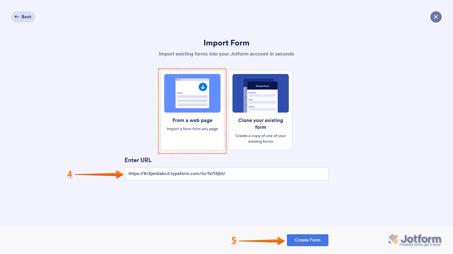 URL Box and Create Form button on Workspace Jotform