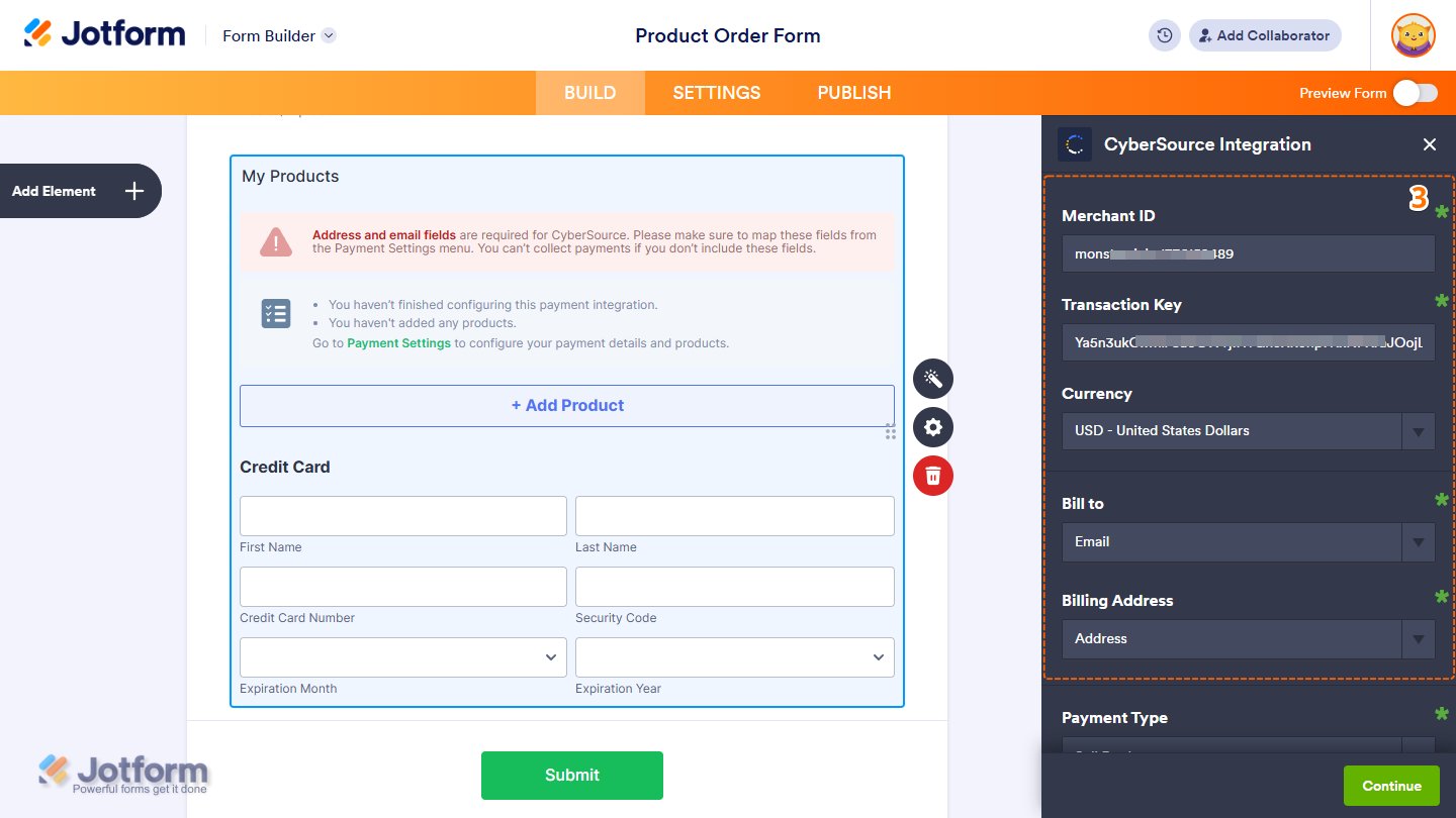 Authentication settings in the CyberSource Integration window in Jotform Form Builder