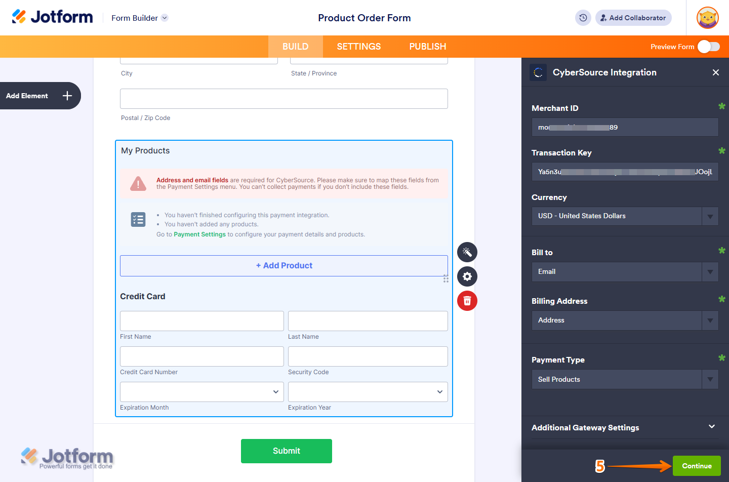 Continue button of the the CyberSource Integration window in Jotform Form Builder
