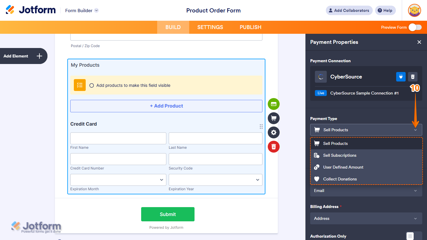 Payment Type setting in the CyberSource Payment Properties window in Jotform Form Builder